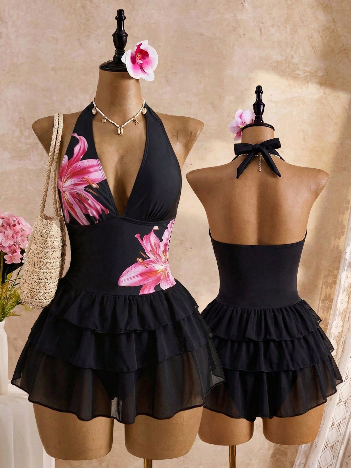 Bellisia Women Black Summer Casual Holiday Vacation Dot Print Halter Tie Deep V-Neck Backless 3-Tier Chiffon Ruffle Hem Cute Swimsuit Skirt Pool Party Holiday
