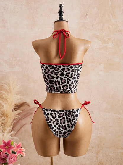 Bellisia Women's 2-Piece Leopard Print Random Pattern Sexy Minimalist V-Neck Spaghetti Strap Tie Side Strap Triangle Bikini Set Set, Summer