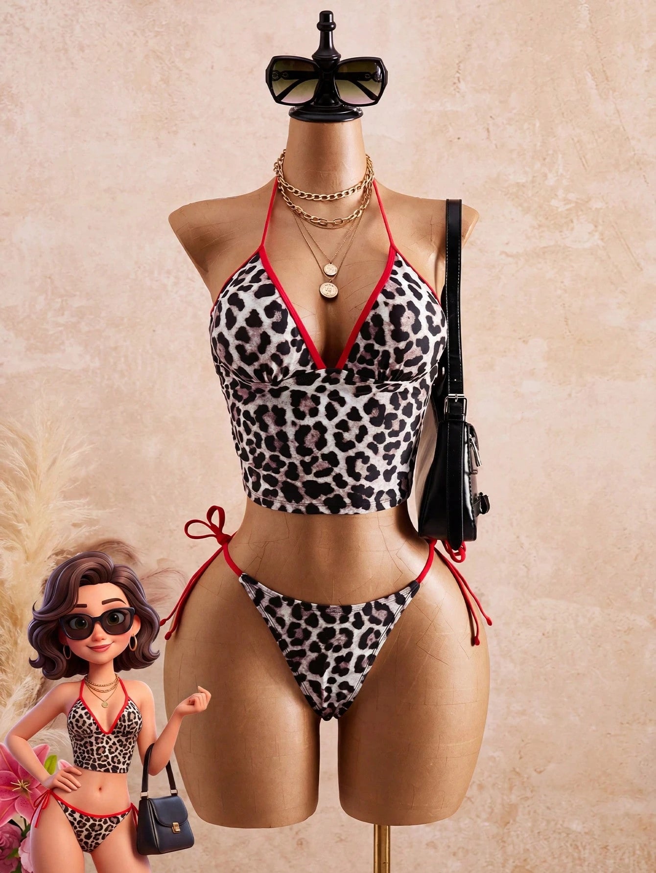 Bellisia Women's 2-Piece Leopard Print Random Pattern Sexy Minimalist V-Neck Spaghetti Strap Tie Side Strap Triangle Bikini Set Set, Summer