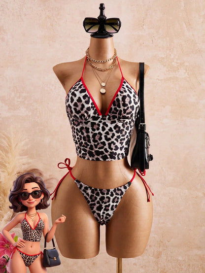 Bellisia Women's 2-Piece Leopard Print Random Pattern Sexy Minimalist V-Neck Spaghetti Strap Tie Side Strap Triangle Bikini Set Set, Summer