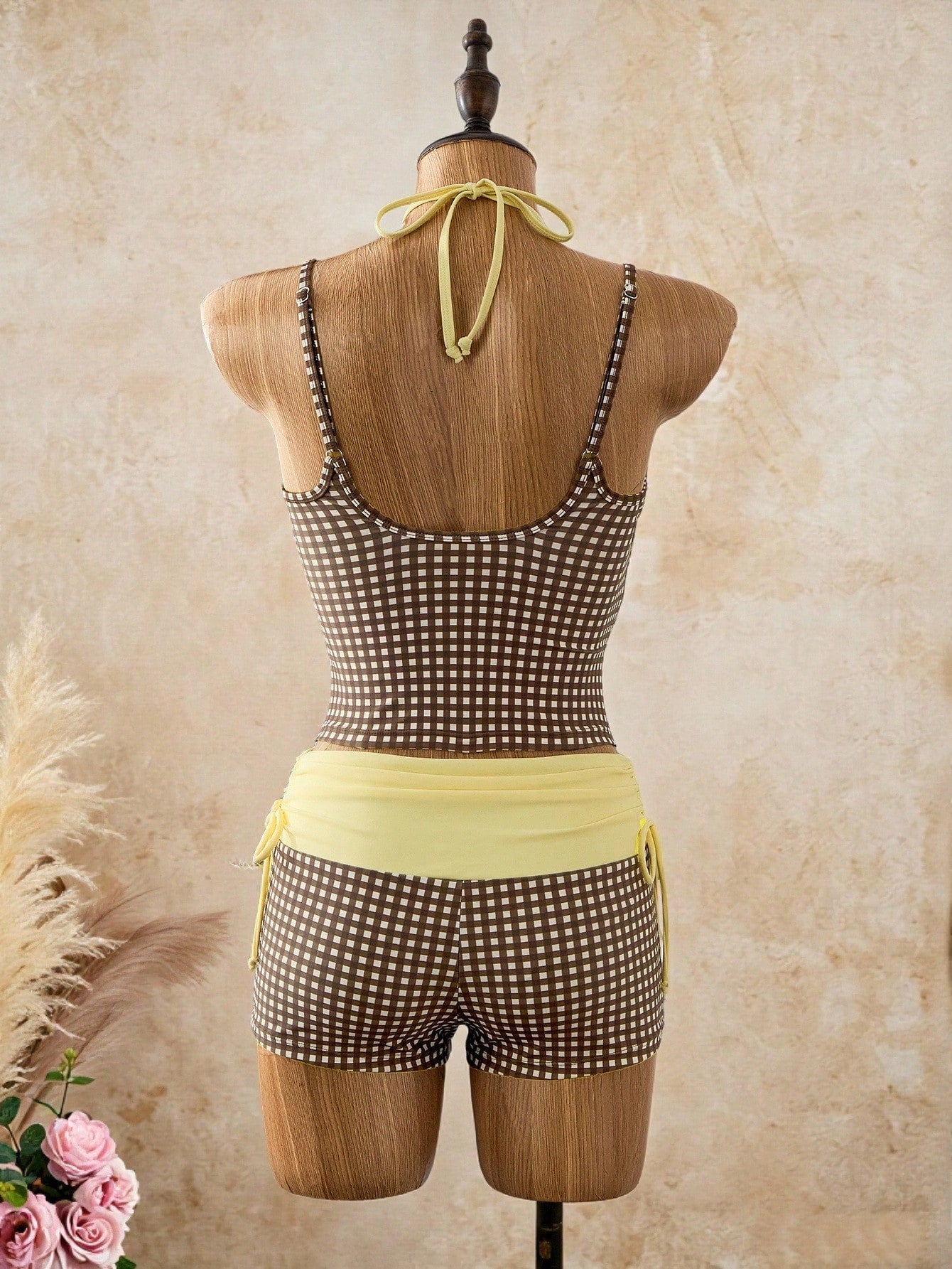 Bellisia Women's 2-Piece Plaid Print Spaghetti Strap Spaghetti Strap Tank Top And Drawstring Shorts Bikini Set Set, Suitable For Summer Beach Vacation Party Wear