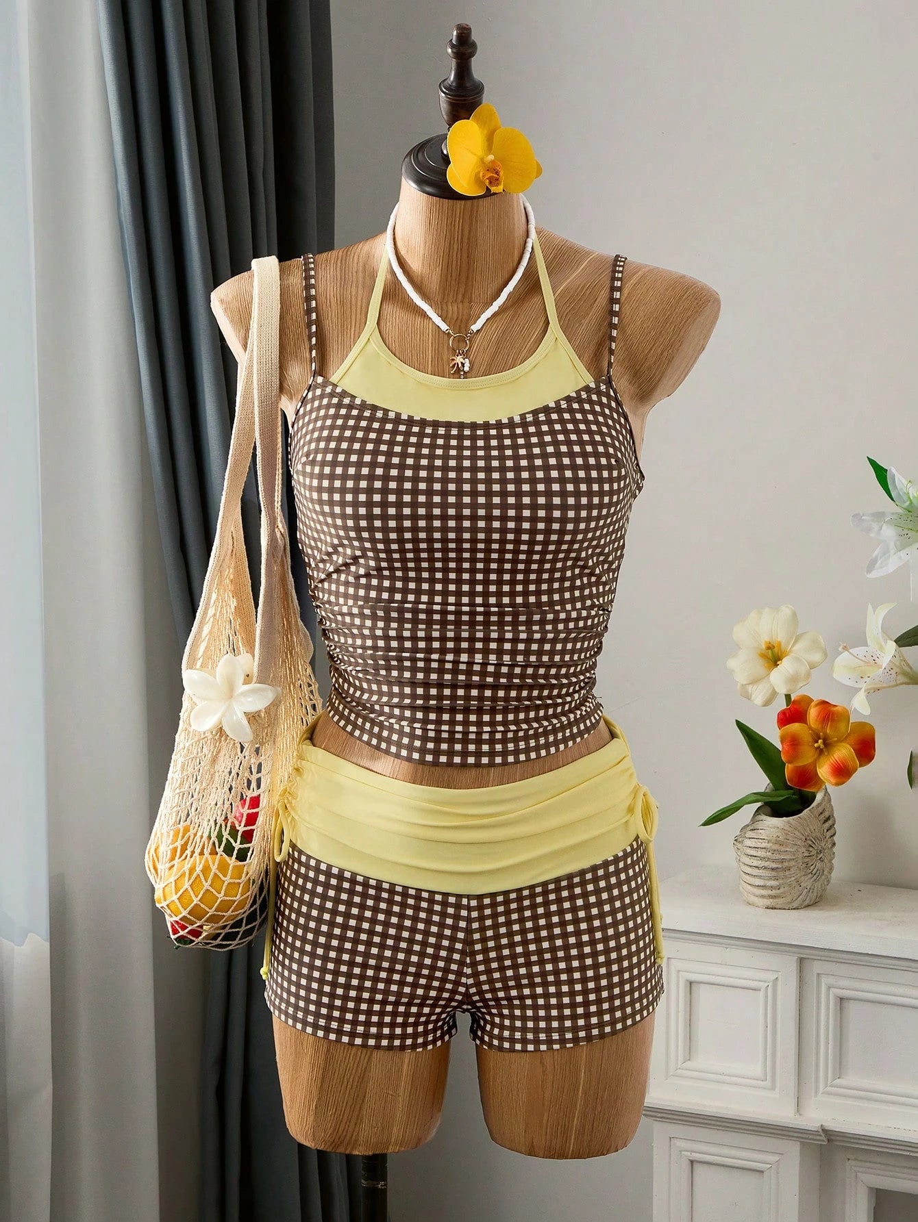 Bellisia Women's 2-Piece Plaid Print Spaghetti Strap Spaghetti Strap Tank Top And Drawstring Shorts Bikini Set Set, Suitable For Summer Beach Vacation Party Wear