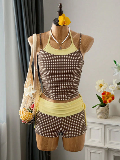 Bellisia Women's 2-Piece Plaid Print Spaghetti Strap Spaghetti Strap Tank Top And Drawstring Shorts Bikini Set Set, Suitable For Summer Beach Vacation Party Wear