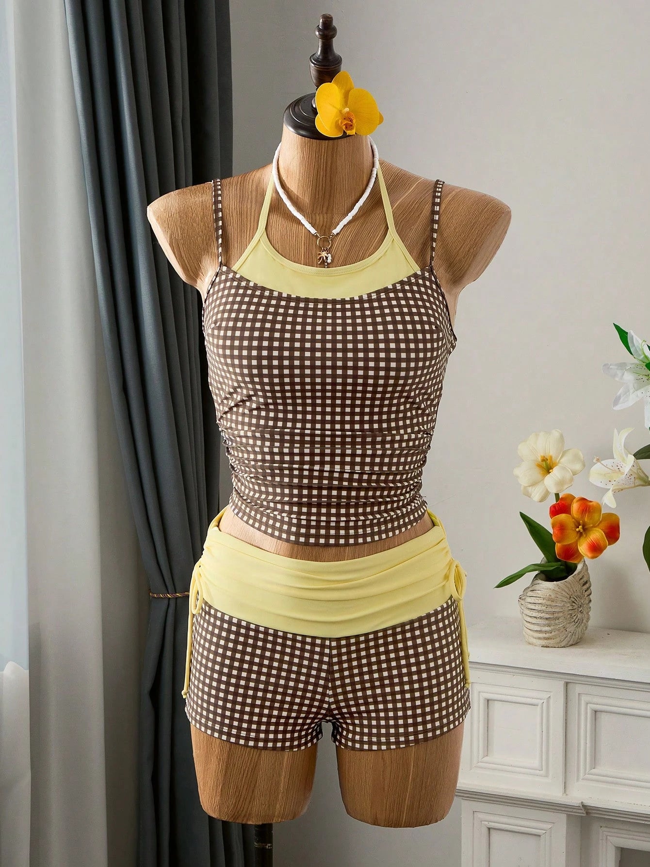 Bellisia Women's 2-Piece Plaid Print Spaghetti Strap Spaghetti Strap Tank Top And Drawstring Shorts Bikini Set Set, Suitable For Summer Beach Vacation Party Wear