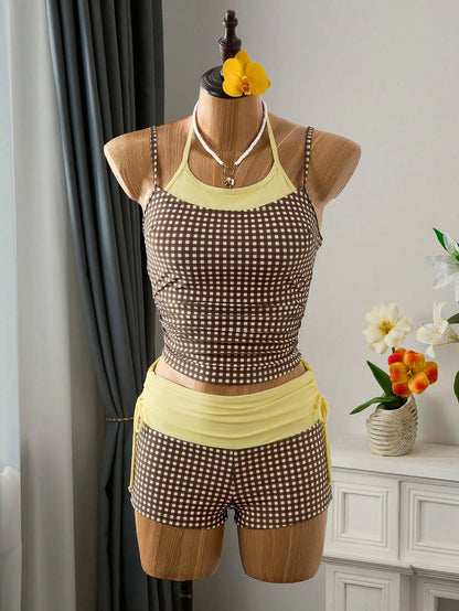 Bellisia Women's 2-Piece Plaid Print Spaghetti Strap Spaghetti Strap Tank Top And Drawstring Shorts Bikini Set Set, Suitable For Summer Beach Vacation Party Wear