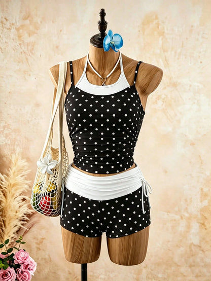 Bellisia Women's 2-Piece Vintage Polka Dot Print Spaghetti Strap Thin Strap Tank Top And Drawstring Shorts Bikini Set Set, Suitable For Summer Beach Vacation