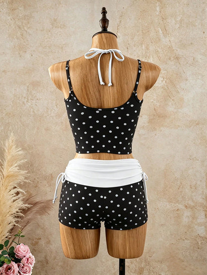 Bellisia Women's 2-Piece Vintage Polka Dot Print Spaghetti Strap Thin Strap Tank Top And Drawstring Shorts Bikini Set Set, Suitable For Summer Beach Vacation