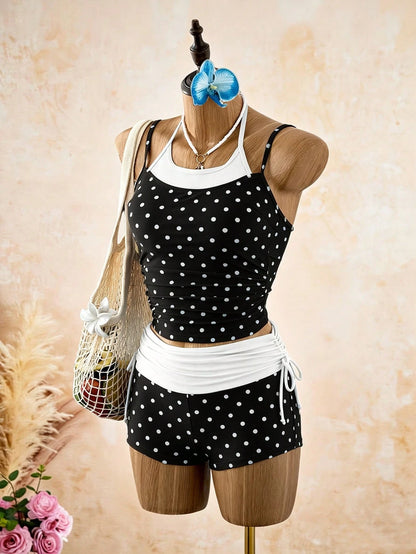Bellisia Women's 2-Piece Vintage Polka Dot Print Spaghetti Strap Thin Strap Tank Top And Drawstring Shorts Bikini Set Set, Suitable For Summer Beach Vacation