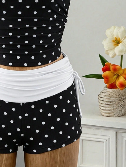 Bellisia Women's 2-Piece Vintage Polka Dot Print Spaghetti Strap Thin Strap Tank Top And Drawstring Shorts Bikini Set Set, Suitable For Summer Beach Vacation