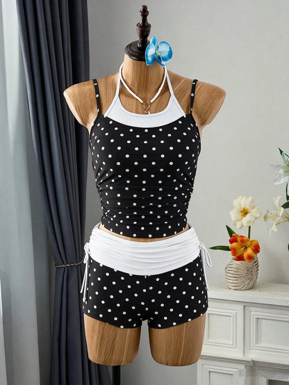 Bellisia Women's 2-Piece Vintage Polka Dot Print Spaghetti Strap Thin Strap Tank Top And Drawstring Shorts Bikini Set Set, Suitable For Summer Beach Vacation