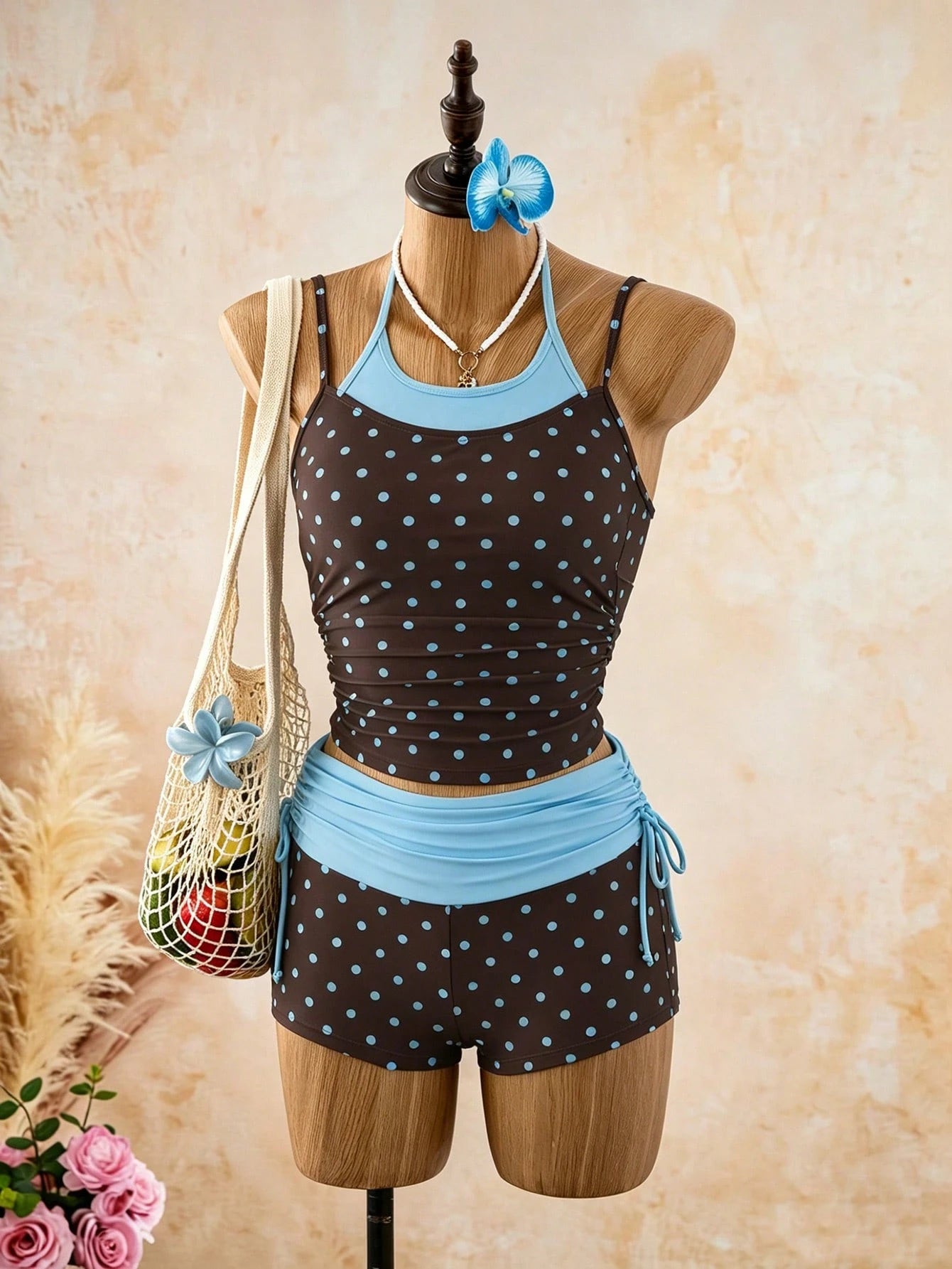 Bellisia Women's 2-Piece Vintage Polka Dot Print Spaghetti Strap Thin Strap Tank Top And Drawstring Shorts Bikini Set Set, Suitable For Summer Beach Vacation