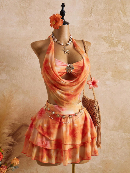 Bellisia Women's 3 Pieces Bikini Set,Light Orange Floral Cake Skirt,Summer Boho Beach Vacation Holiday, Swimwear,Elegant Bohemian Outfit Party Attire