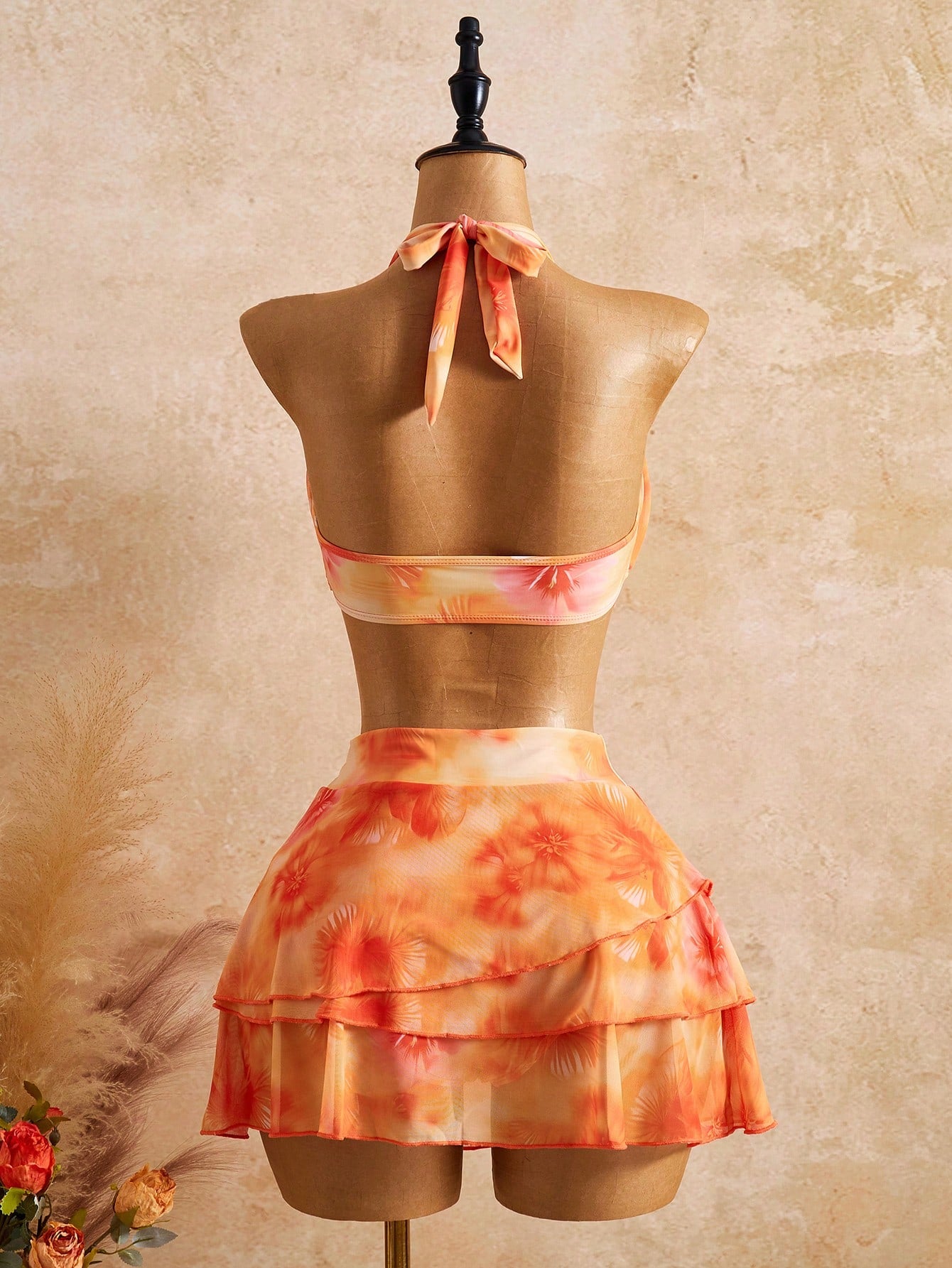 Bellisia Women's 3 Pieces Bikini Set,Light Orange Floral Cake Skirt,Summer Boho Beach Vacation Holiday, Swimwear,Elegant Bohemian Outfit Party Attire