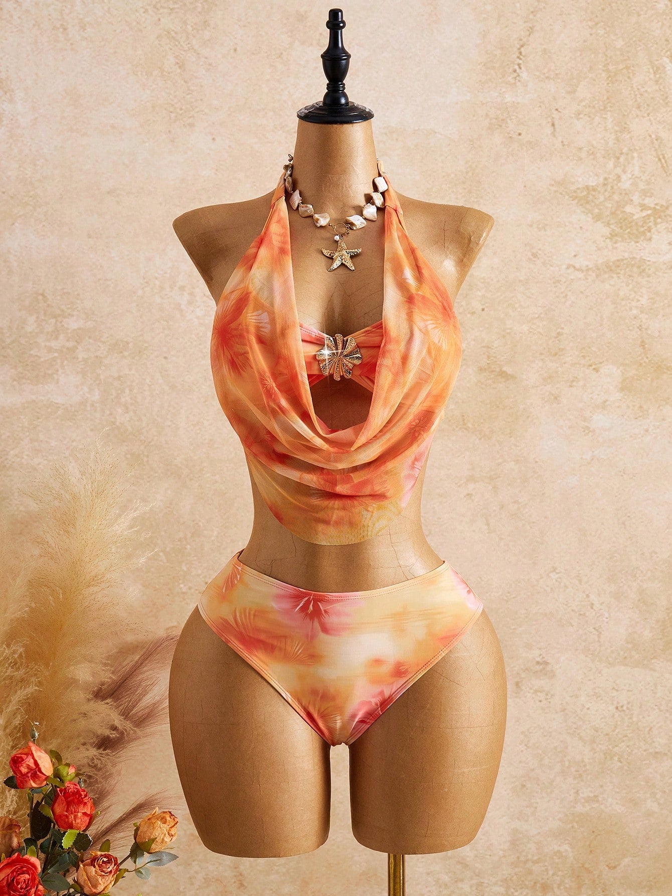 Bellisia Women's 3 Pieces Bikini Set,Light Orange Floral Cake Skirt,Summer Boho Beach Vacation Holiday, Swimwear,Elegant Bohemian Outfit Party Attire