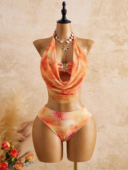 Bellisia Women's 3 Pieces Bikini Set,Light Orange Floral Cake Skirt,Summer Boho Beach Vacation Holiday, Swimwear,Elegant Bohemian Outfit Party Attire