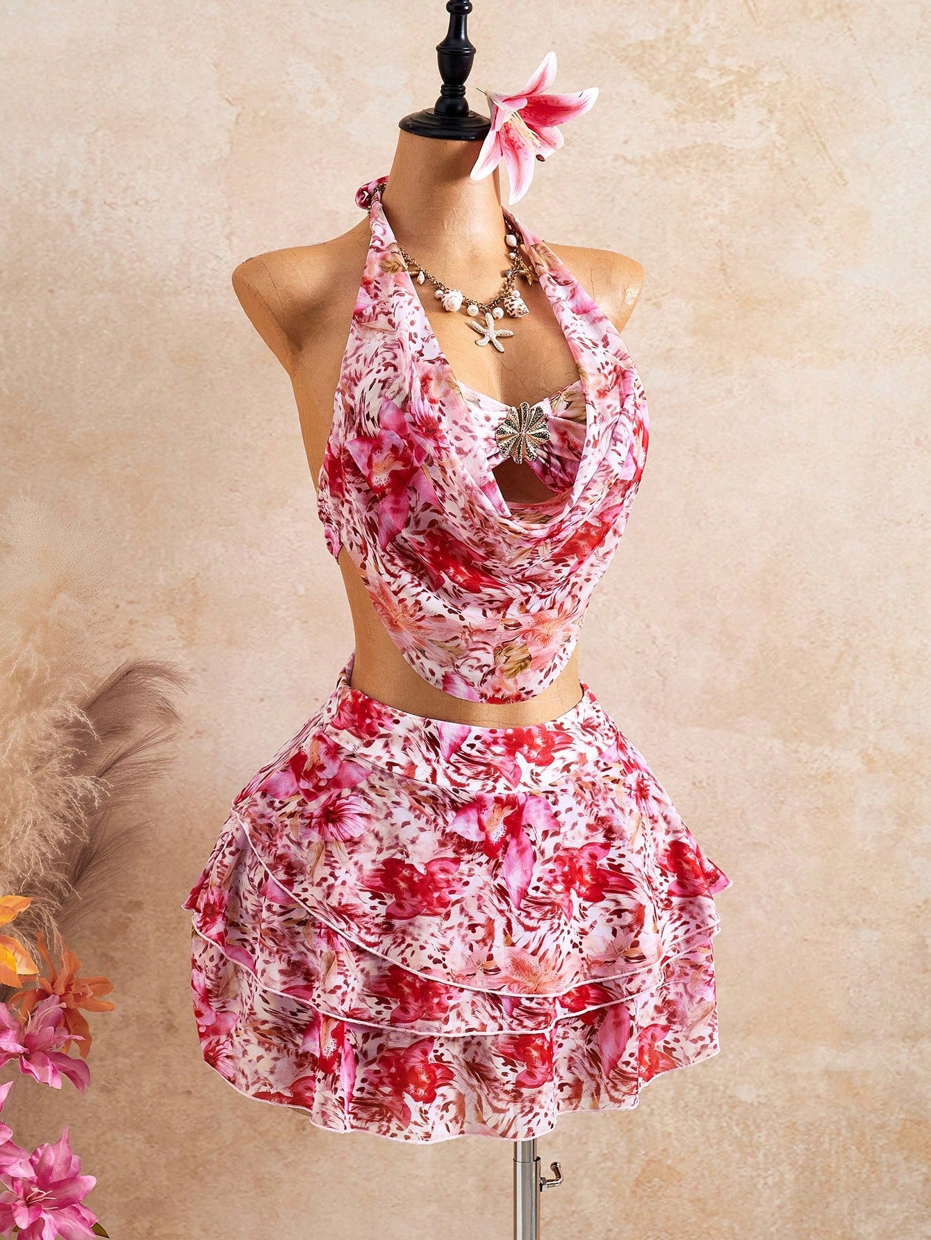 Bellisia Women's 3 Pieces Bikini Set,Light Orange Floral Cake Skirt,Summer Boho Beach Vacation Holiday, Swimwear,Elegant Bohemian Outfit Party Attire