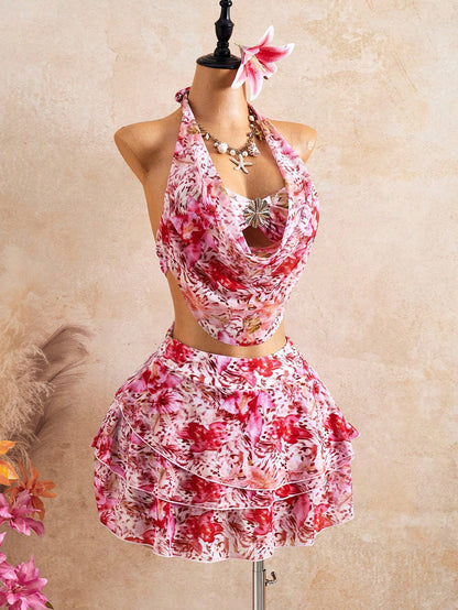 Bellisia Women's 3 Pieces Bikini Set,Light Orange Floral Cake Skirt,Summer Boho Beach Vacation Holiday, Swimwear,Elegant Bohemian Outfit Party Attire