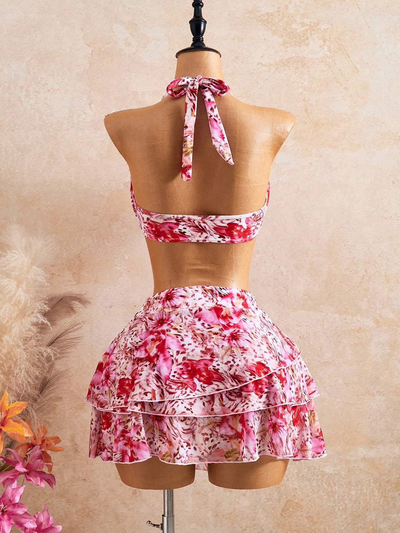 Bellisia Women's 3 Pieces Bikini Set,Light Orange Floral Cake Skirt,Summer Boho Beach Vacation Holiday, Swimwear,Elegant Bohemian Outfit Party Attire