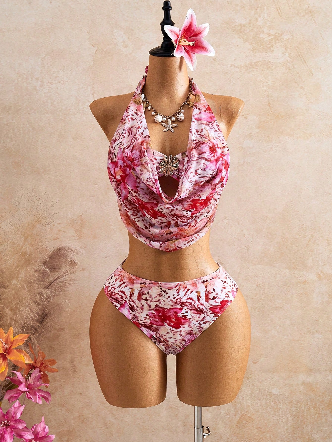 Bellisia Women's 3 Pieces Bikini Set,Light Orange Floral Cake Skirt,Summer Boho Beach Vacation Holiday, Swimwear,Elegant Bohemian Outfit Party Attire