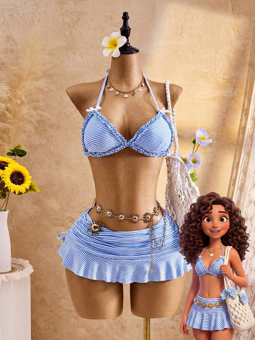 Bellisia Women's 3 PiecesCute V-Neck Halter Tie Ruffle Trim Bikini Top, Triangle Bottoms & Skirt Swimwear Set, Summer