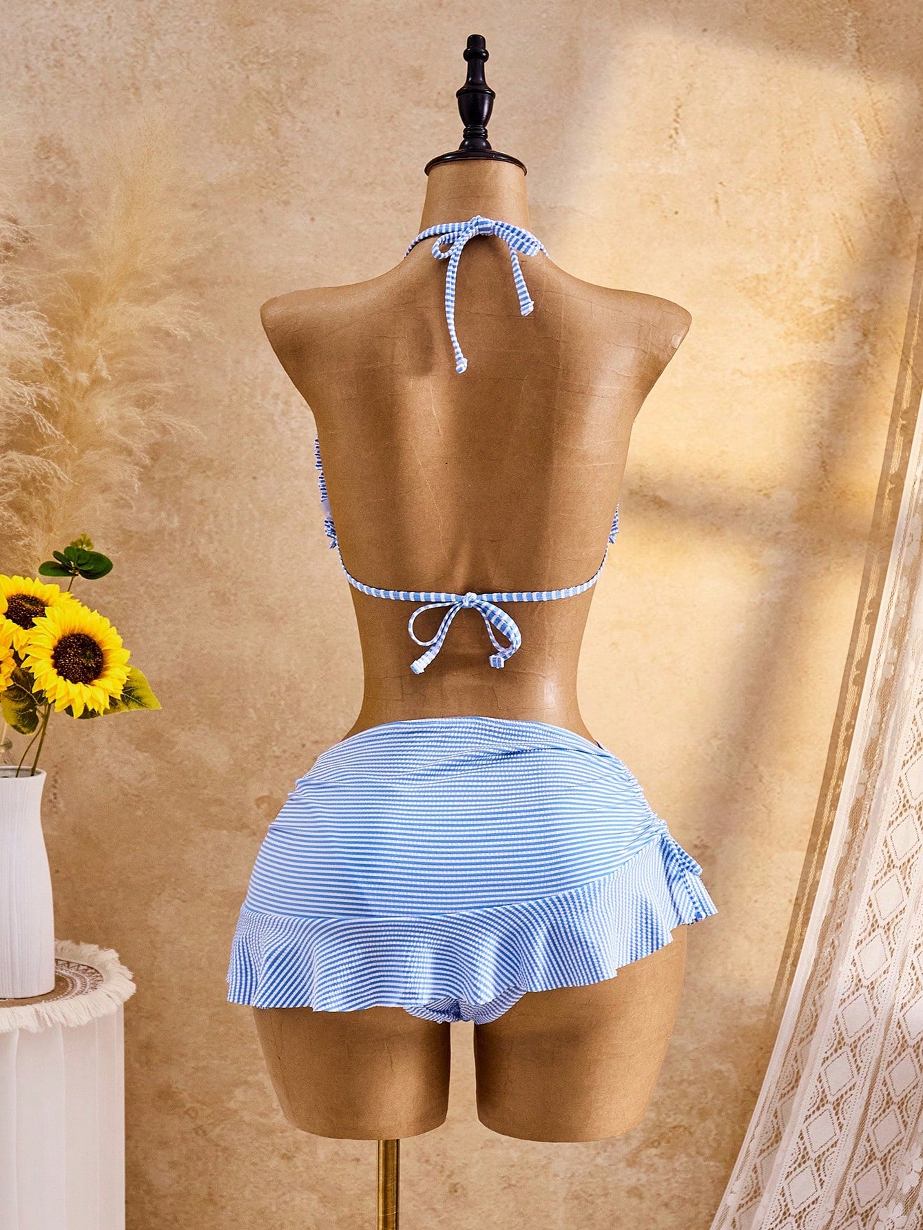 Bellisia Women's 3 PiecesCute V-Neck Halter Tie Ruffle Trim Bikini Top, Triangle Bottoms & Skirt Swimwear Set, Summer