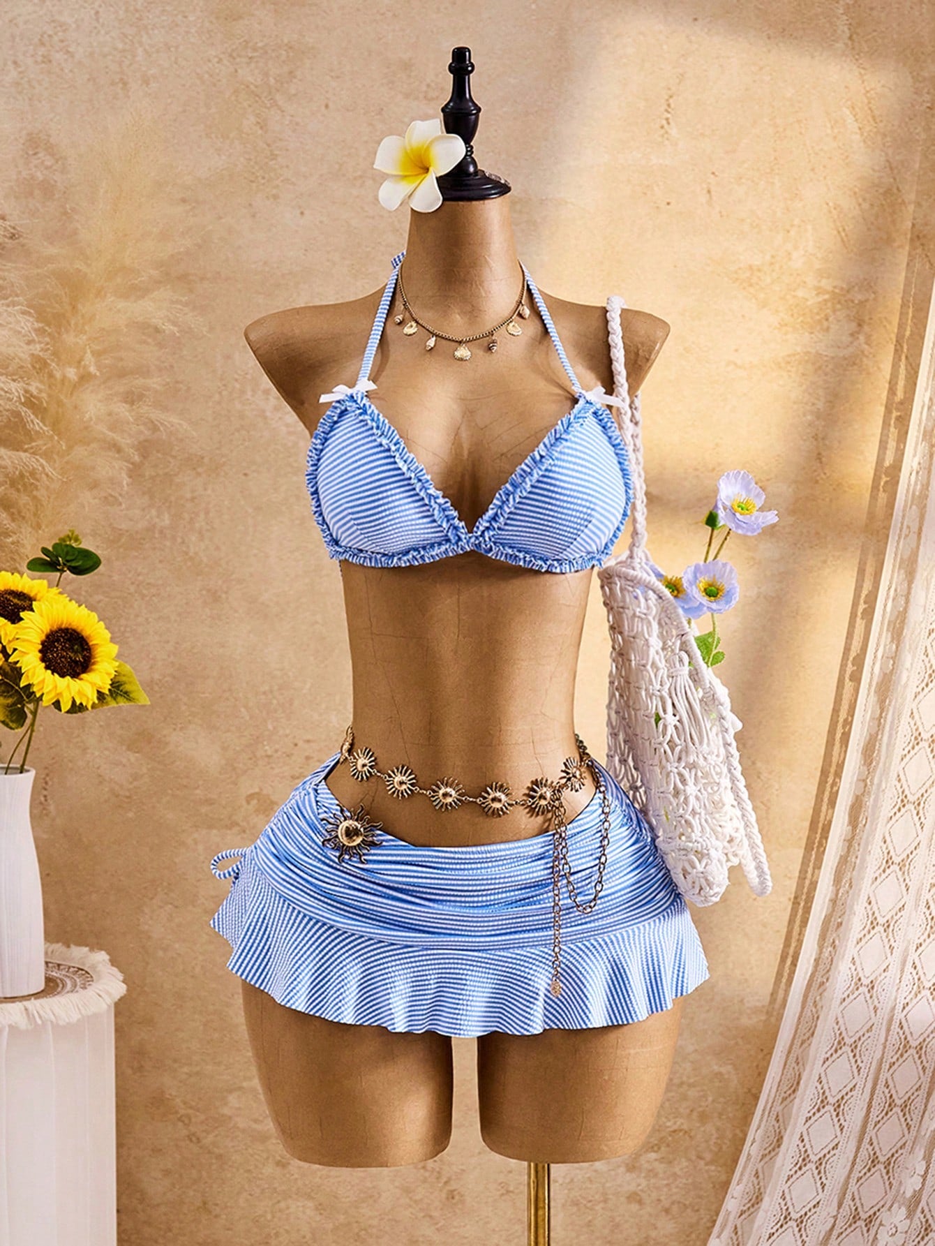 Bellisia Women's 3 PiecesCute V-Neck Halter Tie Ruffle Trim Bikini Top, Triangle Bottoms & Skirt Swimwear Set, Summer