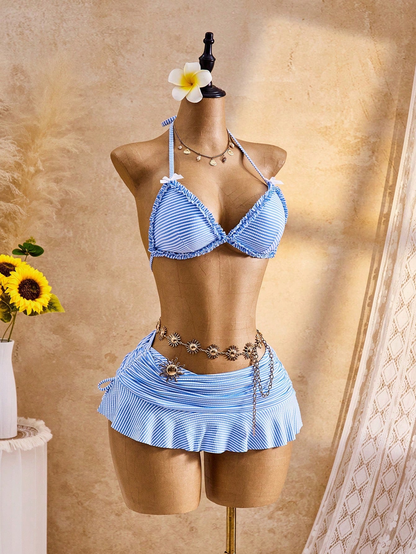 Bellisia Women's 3 PiecesCute V-Neck Halter Tie Ruffle Trim Bikini Top, Triangle Bottoms & Skirt Swimwear Set, Summer