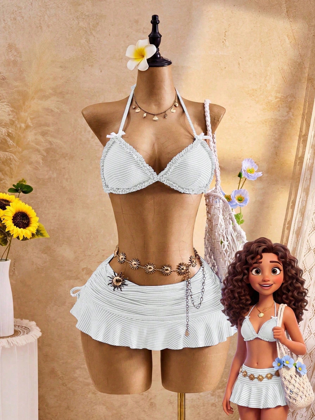 Bellisia Women's 3 PiecesCute V-Neck Halter Tie Ruffle Trim Bikini Top, Triangle Bottoms & Skirt Swimwear Set, Summer
