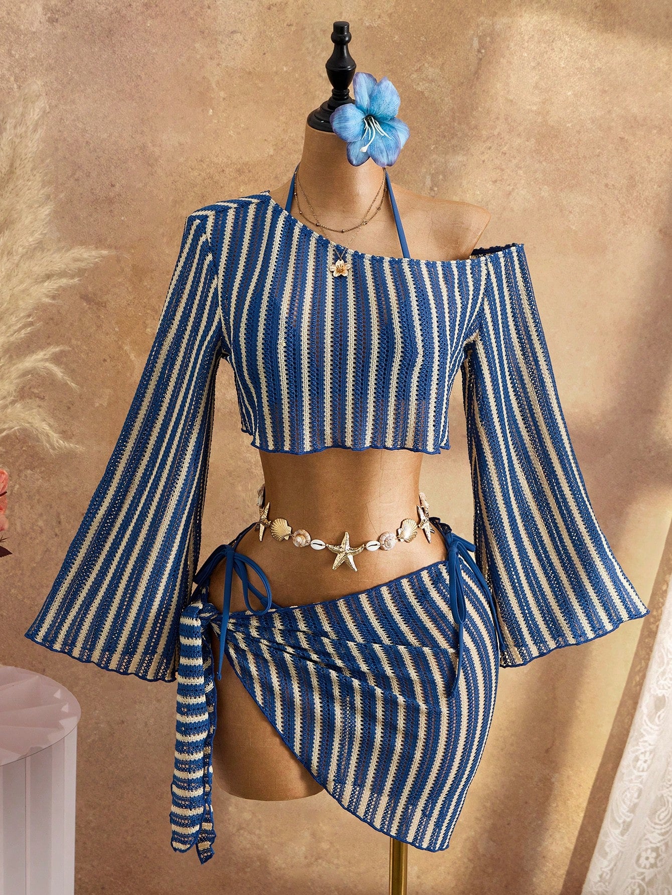 Bellisia Women's 4-Piece Summer Beach Swimwear Set, Blue Striped Textured Fabric Long Sleeve Flare Sleeve Asymmetrical Shoulder Cover-Up, Triangle Tie Bikini Top, Side Tie Bikini Bottoms, Beach Towel