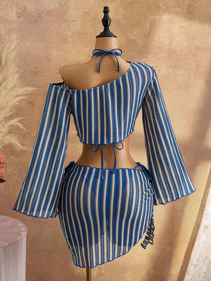 Bellisia Women's 4-Piece Summer Beach Swimwear Set, Blue Striped Textured Fabric Long Sleeve Flare Sleeve Asymmetrical Shoulder Cover-Up, Triangle Tie Bikini Top, Side Tie Bikini Bottoms, Beach Towel