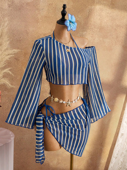 Bellisia Women's 4-Piece Summer Beach Swimwear Set, Blue Striped Textured Fabric Long Sleeve Flare Sleeve Asymmetrical Shoulder Cover-Up, Triangle Tie Bikini Top, Side Tie Bikini Bottoms, Beach Towel