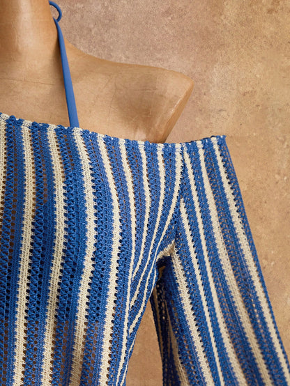 Bellisia Women's 4-Piece Summer Beach Swimwear Set, Blue Striped Textured Fabric Long Sleeve Flare Sleeve Asymmetrical Shoulder Cover-Up, Triangle Tie Bikini Top, Side Tie Bikini Bottoms, Beach Towel