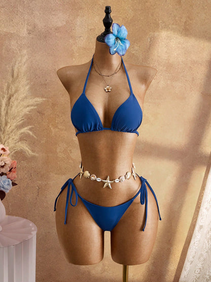 Bellisia Women's 4-Piece Summer Beach Swimwear Set, Blue Striped Textured Fabric Long Sleeve Flare Sleeve Asymmetrical Shoulder Cover-Up, Triangle Tie Bikini Top, Side Tie Bikini Bottoms, Beach Towel