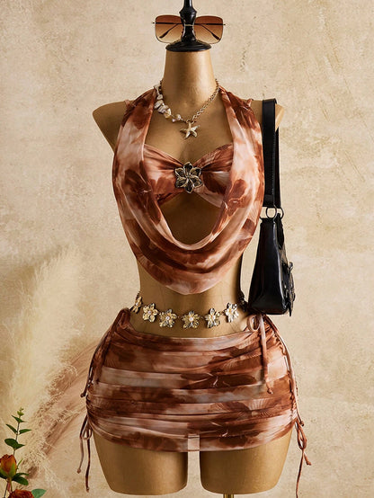 Bellisia Women's Brown Summer Boho Sequin Beach Vacation Holiday Printed Mesh Camisole,Golden Flower Bodycon Skirt & Scarf 3 Pieces Sets,Holiday Bikini Outfit