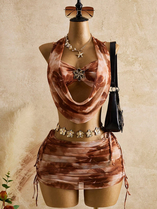 Bellisia Women's Brown Summer Boho Sequin Beach Vacation Holiday Printed Mesh Camisole,Golden Flower Bodycon Skirt & Scarf 3 Pieces Sets,Holiday Bikini Outfit