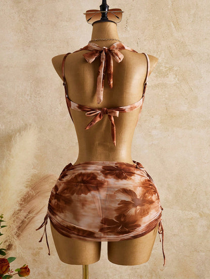 Bellisia Women's Brown Summer Boho Sequin Beach Vacation Holiday Printed Mesh Camisole,Golden Flower Bodycon Skirt & Scarf 3 Pieces Sets,Holiday Bikini Outfit