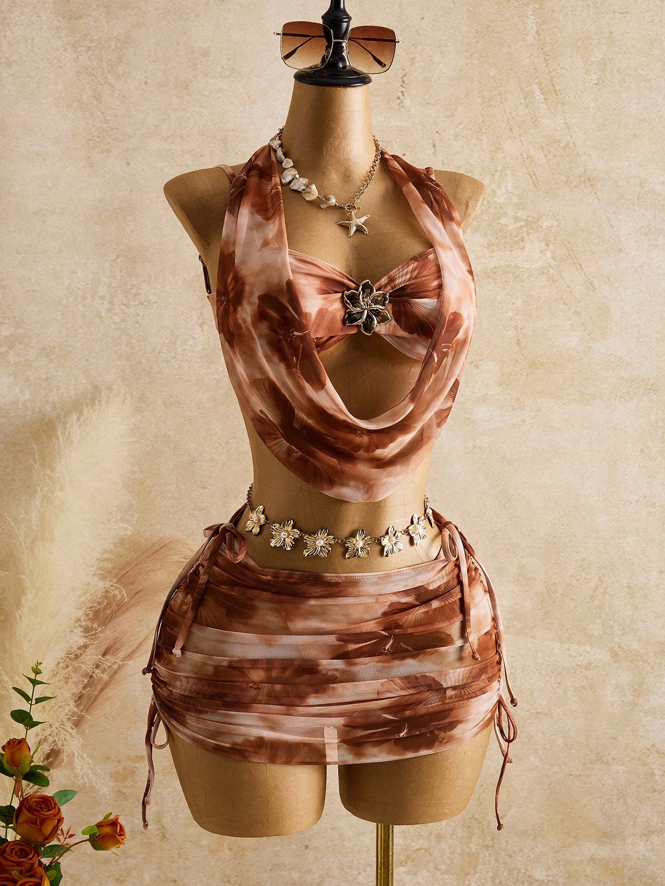 Bellisia Women's Brown Summer Boho Sequin Beach Vacation Holiday Printed Mesh Camisole,Golden Flower Bodycon Skirt & Scarf 3 Pieces Sets,Holiday Bikini Outfit