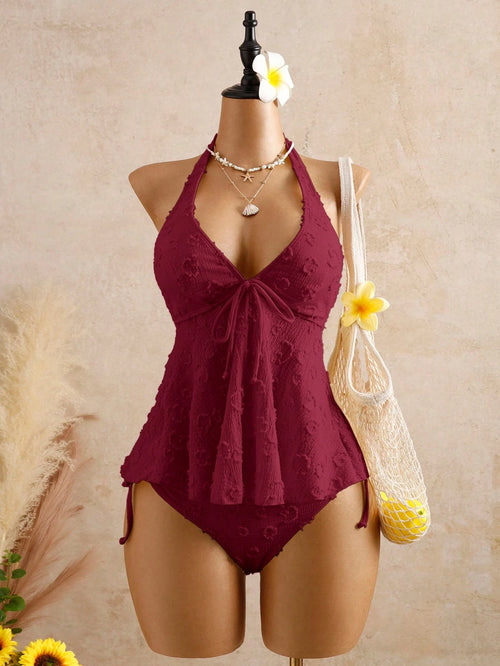 Bellisia Women's Burgundy Relaxed Textured Polka Dot Camisole Bikini Top,Summer Tropical Beach Holiday Vacation Swimwear,Bohemian Western Boho Elegant Tops