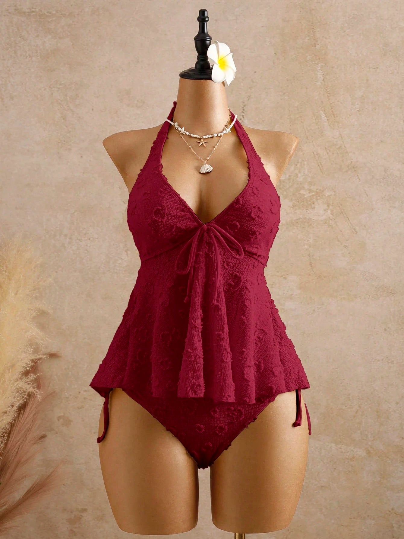 Bellisia Women's Burgundy Relaxed Textured Polka Dot Camisole Bikini Top,Summer Tropical Beach Holiday Vacation Swimwear,Bohemian Western Boho Elegant Tops
