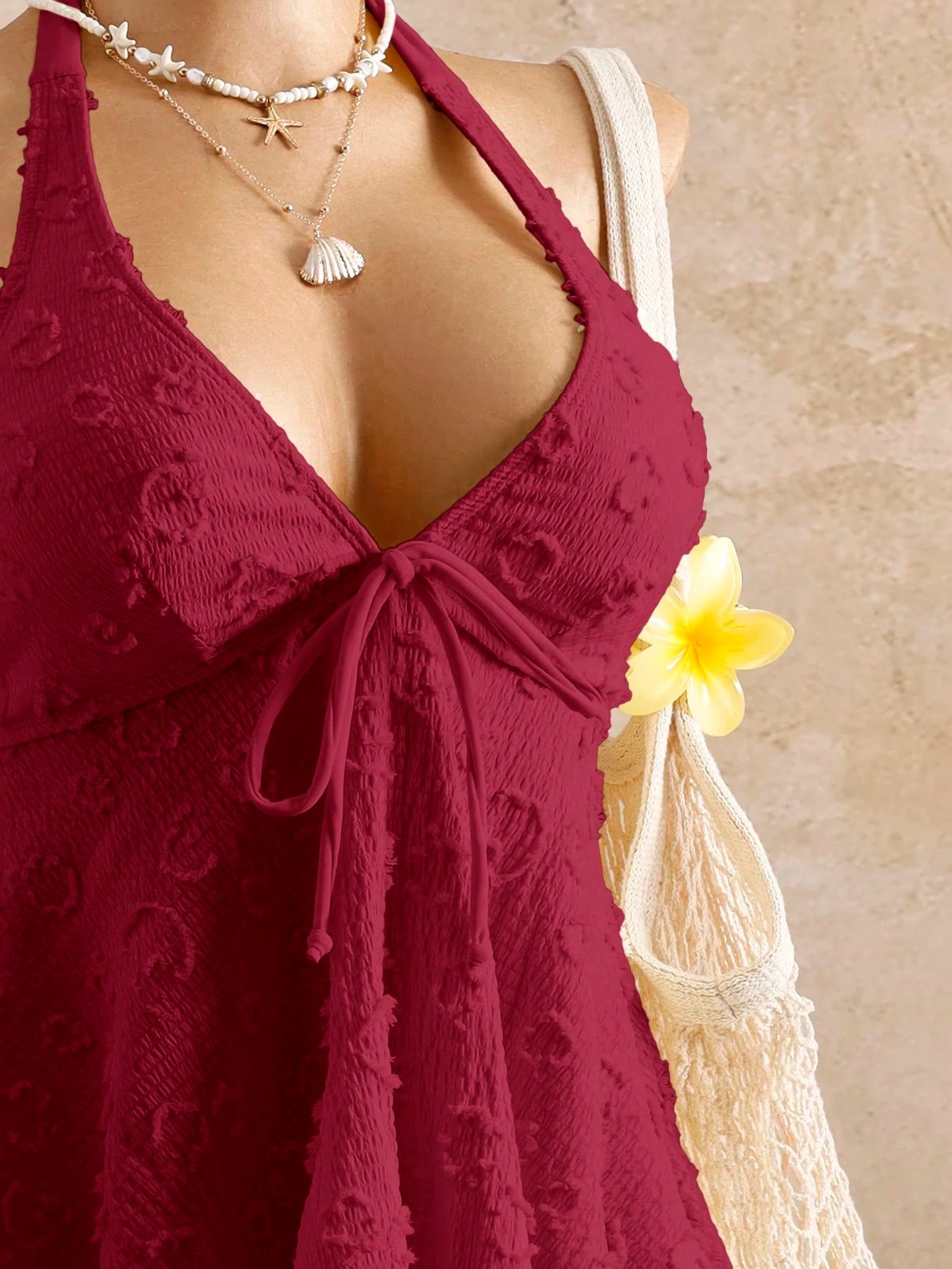 Bellisia Women's Burgundy Relaxed Textured Polka Dot Camisole Bikini Top,Summer Tropical Beach Holiday Vacation Swimwear,Bohemian Western Boho Elegant Tops