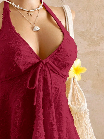 Bellisia Women's Burgundy Relaxed Textured Polka Dot Camisole Bikini Top,Summer Tropical Beach Holiday Vacation Swimwear,Bohemian Western Boho Elegant Tops