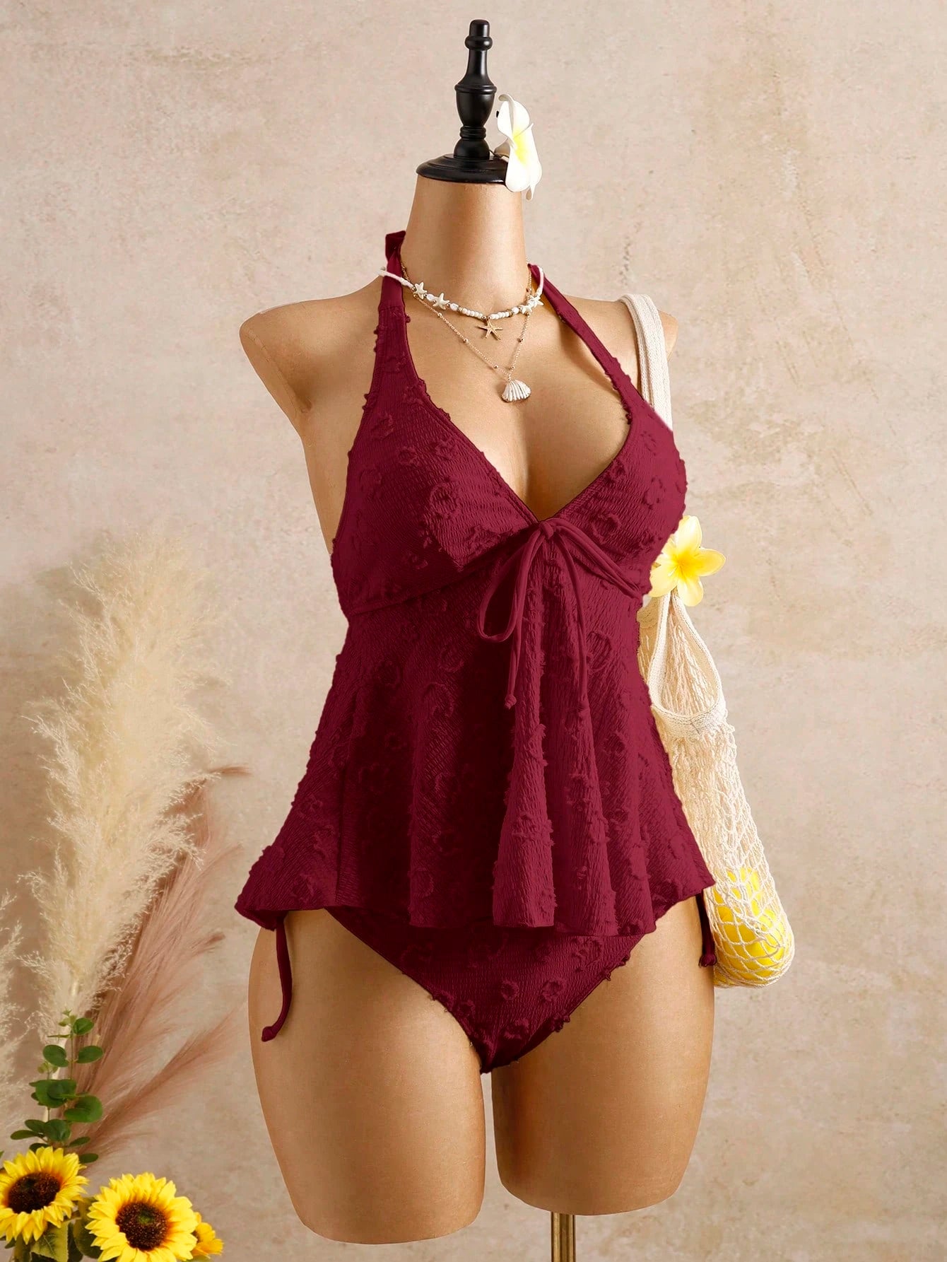Bellisia Women's Burgundy Relaxed Textured Polka Dot Camisole Bikini Top,Summer Tropical Beach Holiday Vacation Swimwear,Bohemian Western Boho Elegant Tops