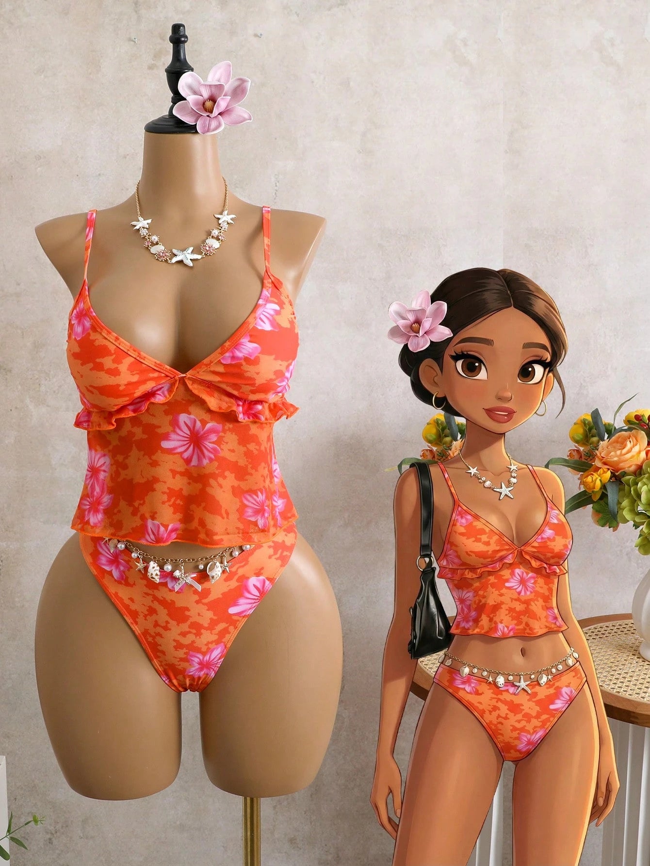 Bellisia Women's Floral Print Camisole&Thong Bikini Set,Red Orange Summer Boho Beach Vacation Holiday Hawaiian Bathing Suit,2-Piece Tummy Control Swimwear