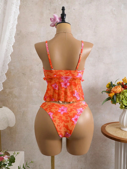 Bellisia Women's Floral Print Camisole&Thong Bikini Set,Red Orange Summer Boho Beach Vacation Holiday Hawaiian Bathing Suit,2-Piece Tummy Control Swimwear