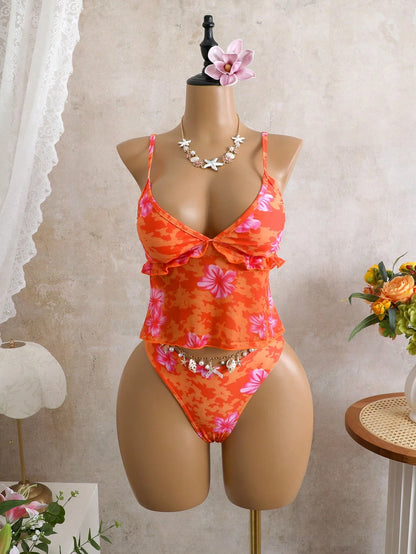 Bellisia Women's Floral Print Camisole&Thong Bikini Set,Red Orange Summer Boho Beach Vacation Holiday Hawaiian Bathing Suit,2-Piece Tummy Control Swimwear