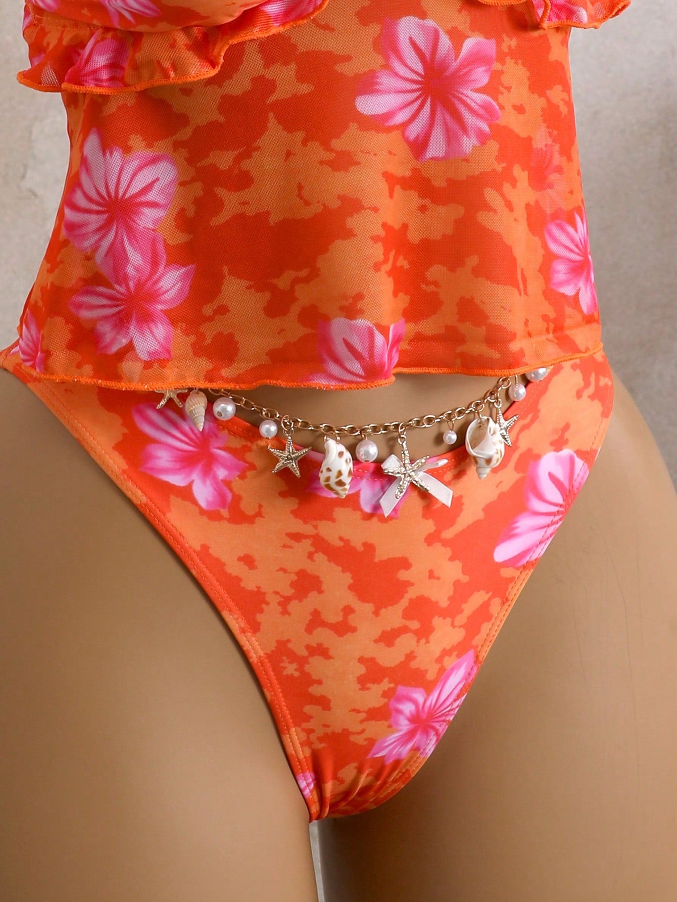 Bellisia Women's Floral Print Camisole&Thong Bikini Set,Red Orange Summer Boho Beach Vacation Holiday Hawaiian Bathing Suit,2-Piece Tummy Control Swimwear