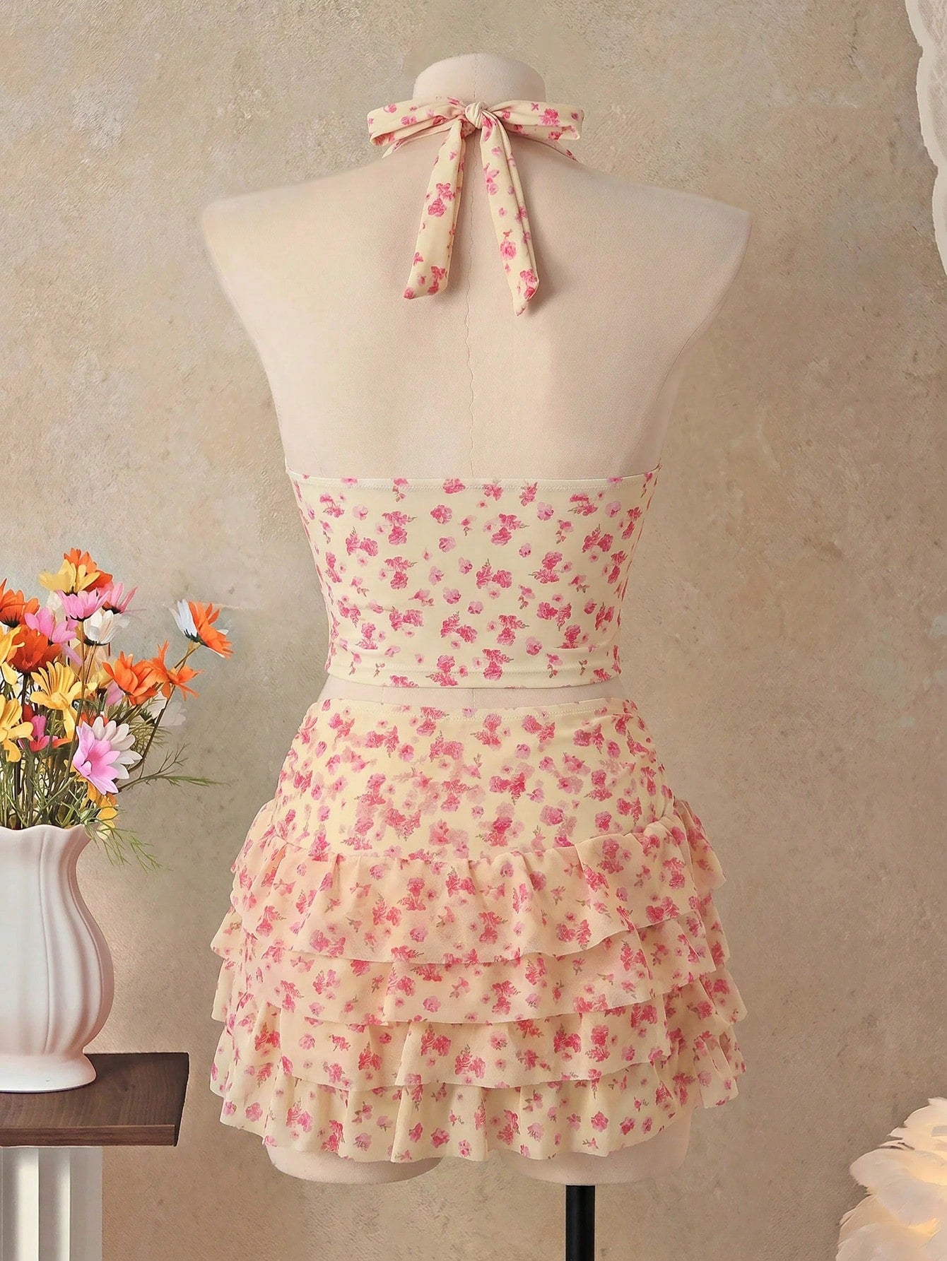 Bellisia Women's Floral Print Halter Tie Tankini And Ruffle Mini Skirt Two-Piece Swimsuit Set
