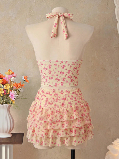 Bellisia Women's Floral Print Halter Tie Tankini And Ruffle Mini Skirt Two-Piece Swimsuit Set