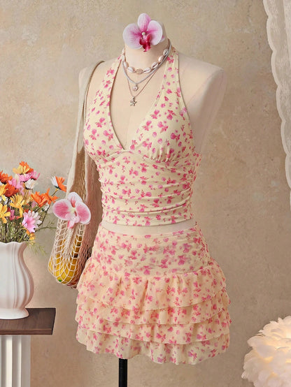 Bellisia Women's Floral Print Halter Tie Tankini And Ruffle Mini Skirt Two-Piece Swimsuit Set