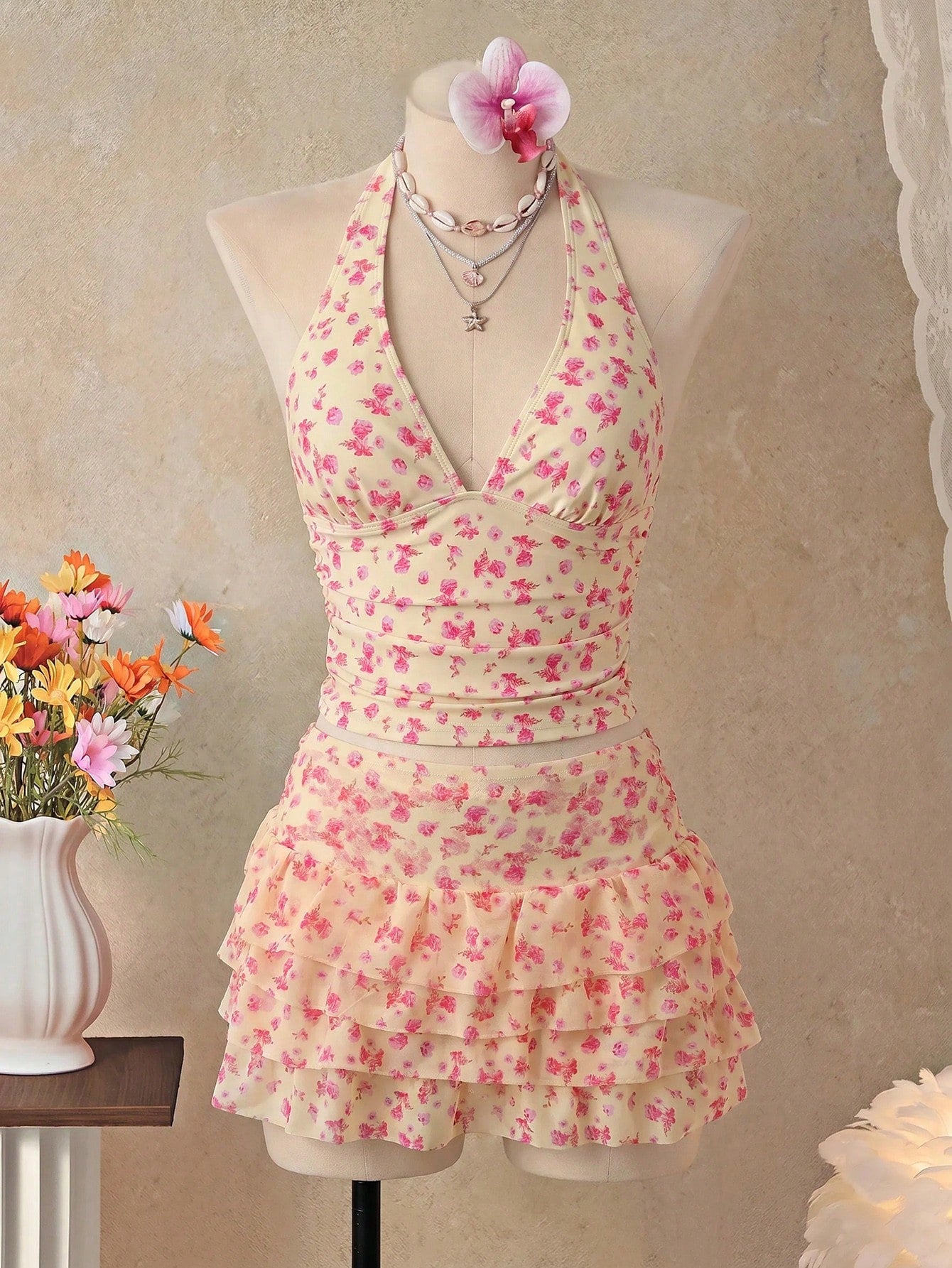 Bellisia Women's Floral Print Halter Tie Tankini And Ruffle Mini Skirt Two-Piece Swimsuit Set